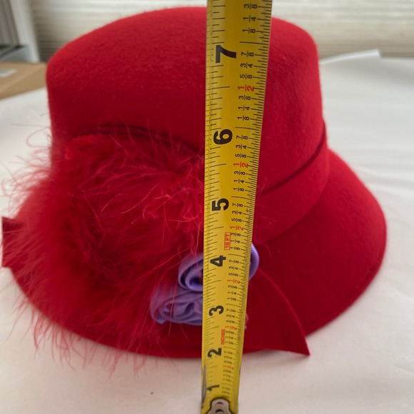 Vintage 100% Wool Red & Purple Feather & Satin Bow Derby Tea Party Hat - Picture 10 of 10